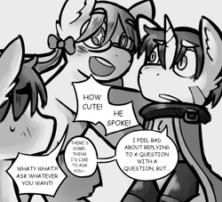 Size: 1100x1000 | Tagged: safe, artist:thesparkleadsh, earth pony, pony, unicorn, clothes, colt, female, filly, foal, grayscale, horn, made in abyss, male, manga, monochrome, ponified, reg (made in abyss), riko, speech bubble, starry eyes, text, wingding eyes