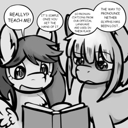Size: 1000x1000 | Tagged: safe, artist:thesparkleadsh, earth pony, pony, book, duo, female, filly, foal, grayscale, made in abyss, manga, mitty, monochrome, nanachi, ponified, speech bubble, text