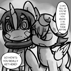 Size: 1000x1000 | Tagged: safe, artist:thesparkleadsh, pegasus, pony, clothes, colt, duo, female, filly, foal, grayscale, made in abyss, male, manga, monochrome, ponified, prushka, reg (made in abyss), speech bubble, text