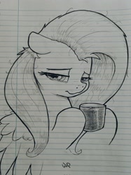 Size: 1534x2048 | Tagged: safe, artist:whiskeypanda, fluttershy, pegasus, pony, g4, bust, coffee, coffee mug, ink drawing, lined paper, mug, solo, tired, traditional art, wings