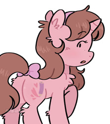 Size: 843x948 | Tagged: safe, artist:mikako, oc, oc only, pony, unicorn, bangs, brown mane, brown tail, butt, chest fluff, cute, fur, headband, horn, pink coat, plot, ponysona, revealing, ribbon, simple background, solo, tail, unicorn oc, white background