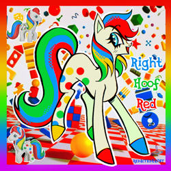 Size: 2000x2000 | Tagged: safe, artist:redactedhaunt, right hoof red, earth pony, pony, g1, abstract background, blushing, border, colored pinnae, eyebrows, eyebrows visible through hair, eyestrain warning, high res, hooves, multicolored hooves, open mouth, open smile, profile, saturated, signature, smiling, solo, starry eyes, toy interpretation, wingding eyes