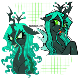 Size: 2000x2000 | Tagged: safe, artist:redactedhaunt, queen chrysalis, changeling, changeling queen, g4, colored pupils, colored sclera, duality, eye clipping through hair, eyebrows, eyebrows visible through hair, green sclera, lineless, patterned background, signature, solo, wingding eyes
