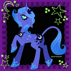 Size: 2000x2000 | Tagged: safe, artist:redactedhaunt, princess luna, alicorn, pony, g4, big eyes, butt, colored eyelashes, concave belly, countershading, crown, ear fluff, female, floppy ears, folded wings, hoof shoes, horn, jewelry, leonine tail, lidded eyes, lineless, long horn, looking up, mare, open mouth, peytral, plot, princess shoes, profile, raised hoof, regalia, s1 luna, slender, solo, starry eyes, starry wings, tail, thin, tiara, unicorn horn, wingding eyes, wings, young luna