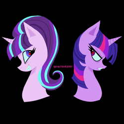Size: 2000x2000 | Tagged: safe, artist:redactedhaunt, starlight glimmer, twilight sparkle, pony, unicorn, g4, alternate universe, black background, colored pinnae, colored pupils, duo, eyebrows, eyebrows visible through hair, female, frown, high res, horn, lesbian, lineless, looking at each other, looking at someone, ponytail, profile, red pupils, s5 starlight, sharp teeth, ship:twistarlight, shipping, signature, simple background, smiling, teeth, tied mane, unicorn twilight, wingding eyes
