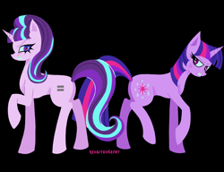Size: 2600x2000 | Tagged: safe, artist:redactedhaunt, starlight glimmer, twilight sparkle, pony, unicorn, g4, alternate universe, black background, concave belly, cross-popping veins, duo, emanata, eyebrows, eyelashes, female, furrowed brow, high res, horn, lesbian, lineless, looking at each other, looking at someone, mare, raised hoof, s5 starlight, ship:twistarlight, shipping, side view, simple background, slender, sneer, standing on two hooves, teeth, thin, unicorn twilight