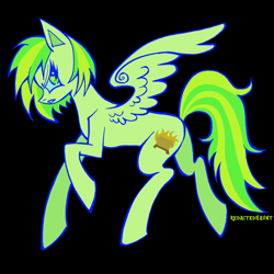 Size: 2000x2000 | Tagged: safe, artist:redactedhaunt, oc, oc only, oc:wooden toaster, pegasus, pony, black background, colored pinnae, concave belly, countershading, eyelashes, frown, high res, looking back, narrowed eyes, pegasus oc, raised hoof, simple background, solo, spread wings, starry eyes, tail, thin, two toned mane, two toned tail, wingding eyes, wings
