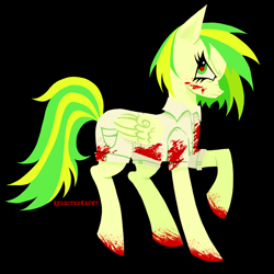 Size: 2000x2000 | Tagged: safe, artist:redactedhaunt, oc, oc only, oc:wooden toaster, pegasus, pony, fanfic:rainbow factory, black background, blood, blood on face, bloody hooves, colored eyebrows, colored pinnae, colored pupils, concave belly, creepypasta, fanfic art, high res, narrowed eyes, pegasus oc, profile, raised hoof, red pupils, signature, simple background, solo, tail, two toned mane, two toned tail, wingding eyes