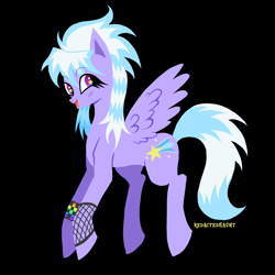 Size: 2000x2000 | Tagged: safe, artist:redactedhaunt, cloudchaser, pegasus, pony, g4, alternate hairstyle, background pony, black background, blushing, bracelet, colored pinnae, eyebrows, eyebrows visible through hair, female, fishnet clothing, jewelry, lineless, mare, open mouth, open smile, scene, scene hair, simple background, smiling, solo, spread wings, starry eyes, tail, two toned mane, two toned tail, wingding eyes, wings
