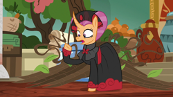 Size: 1280x719 | Tagged: safe, edit, edited screencap, screencap, sable spirit, pony, unicorn, campfire tales, g4, clothes, curved horn, empress sable spirit, female, horn, mare, open mouth, raised hoof, solo, surprised, young sable spirit