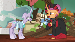 Size: 1280x720 | Tagged: safe, edit, edited screencap, screencap, mistmane, sable spirit, pony, unicorn, campfire tales, g4, clothes, curved horn, duo, empress sable spirit, female, floppy ears, hoof on chest, horn, mare, open mouth, smiling, touched, young sable spirit