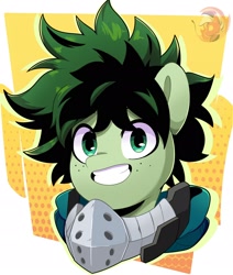 Size: 1896x2236 | Tagged: safe, artist:joaothejohn, pony, anime, bust, clothes, cute, fanart, freckles, grin, izuku midoriya, looking at you, male, my hero academia, ponified, portrait, simple background, smiling, solo