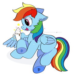Size: 1859x1876 | Tagged: safe, artist:spookyfoxinc, rainbow dash, pegasus, pony, g4, blush lines, blushing, chocolate, drink, ear fluff, female, floating heart, floppy ears, food, full body, heart, heart eyes, hoof heart, hot chocolate, looking at something, mare, one wing out, open mouth, open smile, simple background, smiling, solo, stars, underhoof, white background, wing hold, wingding eyes, wings
