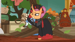 Size: 800x450 | Tagged: safe, edit, edited screencap, screencap, sable spirit, pony, unicorn, campfire tales, g4, animated, clothes, curved horn, empress sable spirit, female, gif, hoof on cheek, horn, mare, solo, surprised