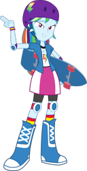Size: 2565x5000 | Tagged: safe, artist:octosquish7260, rainbow dash, human, equestria girls, g4, arms, boots, breasts, bust, clothes, collar, elbow pads, eyebrows, female, fingers, hand, happy, helmet, holding, knee pads, legs, lidded eyes, long hair, open mouth, raised eyebrow, shirt, shoes, short sleeves, simple background, skateboard, skirt, smiling, socks, solo, t-shirt, teenager, teeth, transparent background, vector, wheel, wristband