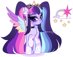 Size: 2500x1983 | Tagged: safe, artist:gihhbloonde, oc, oc only, unnamed oc, pegasus, pony, big hair, choker, closed mouth, cloud pattern, colored wings, ear piercing, earring, eyeshadow, female, folded wings, front view, jewelry, leg markings, lightly watermarked, long mane, looking at you, magical lesbian spawn, makeup, mare, multicolored mane, multicolored tail, multicolored wings, offspring, one wing out, parent:rainbow dash, parent:twilight sparkle, parents:twidash, piercing, pigtails, purple eyes, rainbow eyeshadow, rainbow wings, raised hoof, simple background, smiling, smiling at you, solo, spread wings, tail, tiara, transparent background, twintails, watermark, wings