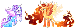 Size: 4777x1802 | Tagged: safe, artist:gihhbloonde, princess flurry heart, sunset shimmer, alicorn, pony, g4, alicornified, alternate design, arm band, closed mouth, clothes, colored wings, crown, crystallized, crystallized pony, dress, duo, duo female, eyeshadow, female, fiery mane, fiery tail, flying, glowing, glowing mane, glowing tail, gradient legs, gradient mane, gradient tail, gradient wings, hair bun, hoof shoes, jewelry, leonine tail, lightly watermarked, makeup, mare, multicolored wings, older, older flurry heart, older sunset, peytral, race swap, redesign, regalia, ringlets, shimmercorn, simple background, smiling, spread wings, standing, tail, tiara, transparent background, watermark, wings