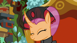 Size: 1280x720 | Tagged: safe, edit, edited screencap, screencap, sable spirit, pony, unicorn, campfire tales, g4, ^^, clothes, curved horn, cute, empress sable spirit, eyes closed, female, flower, horn, mare, smiling, solo, young sable spirit