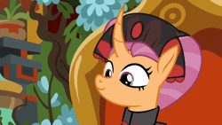 Size: 800x450 | Tagged: safe, edit, edited screencap, screencap, sable spirit, pony, unicorn, campfire tales, g4, ^^, animated, clothes, curved horn, cute, daaaaaaaaaaaw, empress sable spirit, eyes closed, female, flower, gif, horn, mare, smiling, solo, young sable spirit