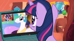 Size: 1024x576 | Tagged: safe, artist:m1345356, princess celestia, twilight sparkle, alicorn, pony, unicorn, g4, computer, golden oaks library, horn, laptop computer, unicorn twilight, webcam, zoom