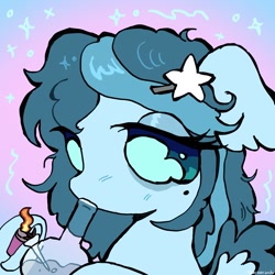 Size: 1200x1200 | Tagged: safe, artist:larvaecandy, oc, oc only, unnamed oc, pegasus, pony, 4/20, beanbrows, beauty mark, big eyes, blue coat, bong, bust, clothes, colored sclera, commission, curly mane, drug use, drugs, ear fluff, eye clipping through hair, eyebrows, eyelashes, eyeshadow, female, floppy ears, gradient background, hair accessory, hairclip, hoof hold, horn, icon, jacket, lidded eyes, lighter, long mane, makeup, mare, marijuana, pegasus oc, ponysona, profile picture, shiny mane, short horn, solo, sparkles, teal mane, teal sclera, two toned mane, underhoof, unicorn horn, wingding eyes, ych result