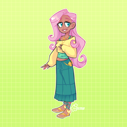 Size: 3000x3000 | Tagged: safe, artist:3ggmilky, fluttershy, human, g4, abstract background, belly button, clothes, cute, dark skin, feet, female, fingernails, gradient background, green background, grin, humanized, long skirt, midriff, moderate dark skin, nail polish, sandals, shirt, shyabetes, skirt, smiling, solo, tank top, toenail polish, toenails