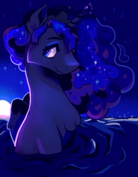 Size: 1500x1919 | Tagged: safe, artist:tuplepaw, princess luna, alicorn, pony, g4, backlighting, blue coat, blue eyes, blue mane, bluescale, chest fluff, colored pinnae, curly mane, ear fluff, ethereal mane, eyeshadow, female, folded wings, full moon, horn, lidded eyes, looking back, makeup, mare, missing accessory, monochrome, moon, night, partially submerged, profile, sitting, sky background, smiling, solo, sparkly eyes, starry mane, stars, unicorn horn, water, wingding eyes, wings