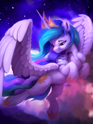 Size: 2252x3000 | Tagged: safe, artist:itssim, princess celestia, rarity, alicorn, pony, fanfic:flying on cloud nine, g4, belly, belly button, commission, commissioner:shaddar, duo, fanfic art, female, fluffy, flying, holding on, hoof shoes, horn, lesbian, mare, ponies riding ponies, rarity riding celestia, riding, ship:rarilestia, shipping, solo, spread wings, sternocleidomastoid, wings