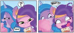 Size: 2157x969 | Tagged: safe, artist:amy mebberson, idw, official comic, izzy moonbow, pipp petals, pegasus, pony, unicorn, g5, my little pony: set your sail, set your sail #1, spoiler:comic, spoiler:g5comic, cotton candy, female, horn, mare, out of context, phone