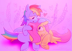 Size: 2392x1720 | Tagged: safe, artist:tuplepaw, fluttershy, rainbow dash, pegasus, pony, g4, blue coat, comforting, dialogue, duo, duo female, eyebrows, eyebrows visible through hair, female, floating heart, head pat, heart, hug, lavender, lesbian, lidded eyes, looking at each other, looking at someone, lying down, mare, missing cutie mark, multicolored mane, multicolored tail, open mouth, open smile, pat, pink mane, pink tail, plant, profile, purple background, rainbow tail, shadow, ship:flutterdash, shipping, signature, simple background, sitting, smiling, smiling at each other, spread wings, sweat, sweatdrop, tail, text, unshorn fetlocks, wingding eyes, wings, wings down, yellow coat