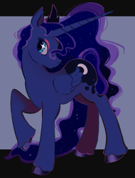 Size: 1555x2048 | Tagged: safe, artist:harvestkitty, princess luna, alicorn, pony, g4, blue coat, blue eyes, border, colored eyelashes, colored hooves, colored pinnae, crown, ear fluff, ethereal mane, ethereal tail, eyeshadow, female, folded wings, frown, horn, jewelry, lidded eyes, long horn, long legs, makeup, mare, missing accessory, profile, purple background, raised hoof, regalia, shiny hooves, simple background, small wings, solo, standing, starry eyes, starry mane, starry tail, tail, teal eyes, tiara, two toned mane, two toned tail, unicorn horn, unshorn fetlocks, wavy mane, wavy tail, wingding eyes, wings