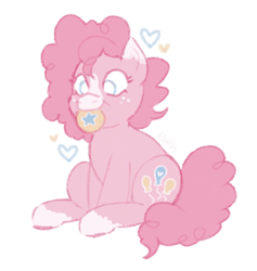 Size: 974x1029 | Tagged: safe, artist:panicking0no, pinkie pie, earth pony, pony, g4, alternate color palette, alternate design, blaze (coat marking), blue eyes, chubby, coat markings, colored eartips, colored muzzle, cookie, curly mane, curly tail, cute, diapinkes, eyelashes, facial markings, female, floating heart, food, freckles, heart, long mane, long tail, looking at something, looking down, mare, mouth hold, nom, pastel, pink coat, pink mane, pink tail, simple background, sitting, smiling, socks (coat markings), solo, tail, white background, wingding eyes