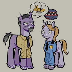 Size: 900x900 | Tagged: safe, artist:rexlottie, pony, unicorn, duo, duo male and female, father and child, father and daughter, female, five nights at freddy's, five nights at freddy's movie, horn, male, mare, ponified, stallion, vanessa shelly, william afton