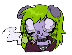 Size: 1840x1402 | Tagged: safe, artist:larvaecandy, oc, oc only, oc:bug brainz, hybrid, raccoon, werewolf, anthro, 4/20, anthro oc, bags under eyes, blunt, bust, chibi, collar, drugs, emo, eyelashes, eyeshadow, facial piercing, fangs, furrified oc, looking at you, makeup, marijuana, non-pony oc, nonbinary, piercing, scemo, scene, simple background, smoke weed everyday, smoking, solo, three quarter view, transparent background