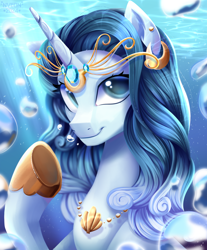 Size: 2110x2550 | Tagged: safe, artist:nveon, oc, oc only, oc:moonwater, alicorn, seapony (g4), beautiful, blue eyes, blue mane, bubble, bust, clothes, commission, crepuscular rays, crown, cute, digital art, ear fluff, ear piercing, earring, flowing mane, gem, high res, hoof shoes, horn, jewelry, looking at you, necklace, ocean, pearl necklace, piercing, portrait, raised hoof, regalia, scales, seaponified, seashell, seashell necklace, shoes, smiling, smiling at you, solo, species swap, sunlight, swimming, underwater, water