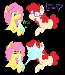 Size: 867x1001 | Tagged: safe, artist:partyponypower, li'l cheese, twist, earth pony, pony, g4, ><, black background, bong, colored pinnae, colt, cream coat, curly mane, curly tail, dialogue, dot eyes, drug use, drugs, duo, duo male and female, eyebrows, eyebrows visible through hair, eyes closed, female, filly, foal, green eyes, green text, lineless, long mane, long mane male, male, marijuana, missing cutie mark, no catchlights, nose wrinkle, older li'l cheese, older twist, pink eyes, pink mane, purple text, raised hoof, red mane, red tail, simple background, tail, talking, teenager, text, yellow coat, you tried