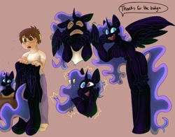 Size: 2048x1609 | Tagged: safe, artist:aero_moon, nightmare moon, alicorn, human, anthro, unguligrade anthro, g4, breasts, commission, dialogue, eye color change, featureless breasts, human to anthro, living clothes, living suit, male to female, mask, masking, open mouth, open smile, ponysuit, possession, simple background, smiling, speech bubble, transformation, transgender transformation, ych result