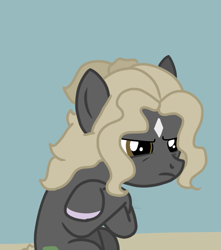 Size: 735x832 | Tagged: safe, artist:thomas.senko, oc, oc:black betty, earth pony, angry, angry face, blonde, crossed arms, crossed hooves, dark skin, dessert, earth pony oc, female, female oc, mare