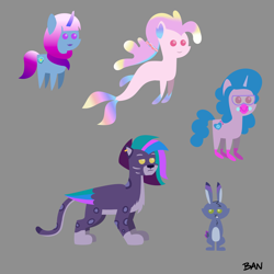 Size: 3000x3000 | Tagged: safe, artist:banquo0, allura, destiny (g5), izzy moonbow, stardance, twitch (g5), auroricorn, big cat, leopard, pony, rabbit, seapony (g4), snow leopard, unicorn, g5, my little pony: tell your tale, the blockywockys, spoiler:g5, spoiler:my little pony: tell your tale, spoiler:tyts02e00, animal, bioluminescent, countershading, dorsal fin, fin, fins, fish tail, flowing mane, flowing tail, gray background, helix piercing, horn, pointy ponies, scales, simple background, smiling, swimming, tail