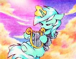 Size: 2260x1748 | Tagged: safe, artist:liaaqila, lyra heartstrings, pony, unicorn, fanfic:background pony, g4, clothes, cloud, dig the swell hoodie, female, floppy ears, glowing, glowing horn, hoodie, horn, lidded eyes, lyre, mare, musical instrument, solo, traditional art, underhoof