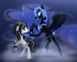 Size: 2500x2000 | Tagged: safe, artist:zeffdakilla, nightmare moon, oc, oc:lockette, alicorn, earth pony, pony, g4, bipedal, bracelet, canon x oc, chin up, concave belly, duo, emo, female, fog, gradient background, headband, height difference, holding chin, jewelry, lesbian, lip piercing, looking at each other, looking at someone, mare, piercing, rearing, shipping, slender, smiling, tall, thin