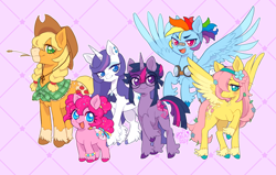 Size: 3029x1931 | Tagged: safe, artist:paichitaron, applejack, fluttershy, pinkie pie, rainbow dash, rarity, twilight sparkle, earth pony, pegasus, pony, unicorn, g4, alternate cutie mark, alternate design, alternate hairstyle, alternate tailstyle, female, flower, flower in hair, glasses, goggles, goggles around neck, height difference, high res, horn, mane six, mare, outline, patterned background, physique difference, purple background, redesign, round glasses, shawl, signature, simple background, smol, spread wings, straw in mouth, tail, unicorn twilight, wings