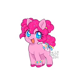 Size: 604x568 | Tagged: safe, artist:paichitaron, part of a set, pinkie pie, earth pony, pony, g4, alternate design, alternate hairstyle, alternate tailstyle, big eyes, blushing, bracelet, colored hooves, colored pinnae, curly mane, curly tail, cute, diapinkes, floppy ears, hair bun, jewelry, looking at you, open mouth, open smile, redesign, short, simple background, smiling, smiling at you, solo, space buns, sparkly eyes, tail, tail wrap, tied mane, tied tail, transparent background, unshorn fetlocks, wingding eyes