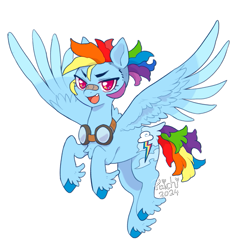 Size: 735x784 | Tagged: safe, artist:paichitaron, part of a set, rainbow dash, pegasus, pony, g4, alternate design, alternate hairstyle, alternate tailstyle, bandaid, bandaid on nose, chest fluff, colored hooves, colored pinnae, fangs, female, fetlock tuft, floppy ears, flying, goggles, goggles around neck, mare, narrowed eyes, open mouth, open smile, redesign, signature, simple background, smiling, solo, sparkly eyes, spread wings, tail, transparent background, unshorn fetlocks, wingding eyes, wings
