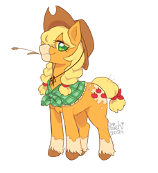 Size: 750x824 | Tagged: safe, artist:paichitaron, part of a set, applejack, earth pony, pony, g4, alternate hairstyle, applejack's hat, braid, braided pigtails, coat markings, colored hooves, colored muzzle, colored pinnae, cowboy hat, eye clipping through hair, facial markings, female, floppy ears, freckles, hat, looking at you, mare, mealy mouth (coat marking), pigtails, profile, redesign, shawl, signature, simple background, smiling, smiling at you, socks (coat markings), solo, sparkly eyes, straw in mouth, tail, tied mane, tied tail, transparent background, unshorn fetlocks, wingding eyes