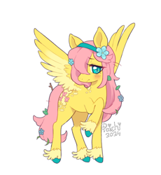 Size: 676x734 | Tagged: safe, artist:paichitaron, part of a set, fluttershy, pegasus, pony, g4, blushing, coat markings, colored pinnae, colored wings, cute, eye clipping through hair, eyebrows, eyebrows visible through hair, feathered fetlocks, female, fetlock tuft, floppy ears, flower, flower in hair, flower in tail, frown, hair over one eye, hairband, headband, leaves in mane, leaves in tail, long legs, long mane, long tail, mare, profile, raised hoof, redesign, shy, signature, simple background, socks (coat markings), solo, sparkly eyes, spread wings, stick in tail, tail, thin legs, transparent background, two toned wings, unshorn fetlocks, weapons-grade cute, wingding eyes, wings