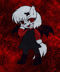 Size: 1589x1907 | Tagged: safe, artist:menalia, oc, oc only, oc:rimo, pony, undead, vampire, vampony, abstract background, bat wings, bipedal, clothes, evil smile, fangs, female, grin, looking at you, mare, red background, shirt, simple background, skirt, smiling, vest, wings