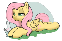 Size: 3300x2204 | Tagged: safe, artist:dumbwoofer, fluttershy, pegasus, pony, g4, bong, ear fluff, female, flutterhigh, grass, high, lidded eyes, lying down, mare, prone, red eyes, simple background, solo, sploot, stoned, transparent background