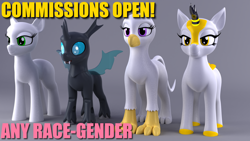 Size: 1920x1080 | Tagged: safe, artist:argos90, changeling, griffon, kirin, pony, 3d, 3d model, commission, your character here