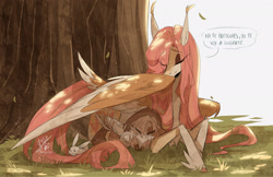 Size: 2048x1330 | Tagged: safe, artist:iheyyasyfox, angel bunny, fluttershy, oc, oc:cindy fugax, pegasus, pony, rabbit, adopted offspring, animal, covering, cuddling, cute, dialogue, eye clipping through hair, female, filly, foal, large wings, lying down, male, mare, mother and child, mother and daughter, parent:fluttershy, prone, simple background, slender, spanish, speech bubble, thin, tree, trio, white background, wing covering, wing shelter, wings